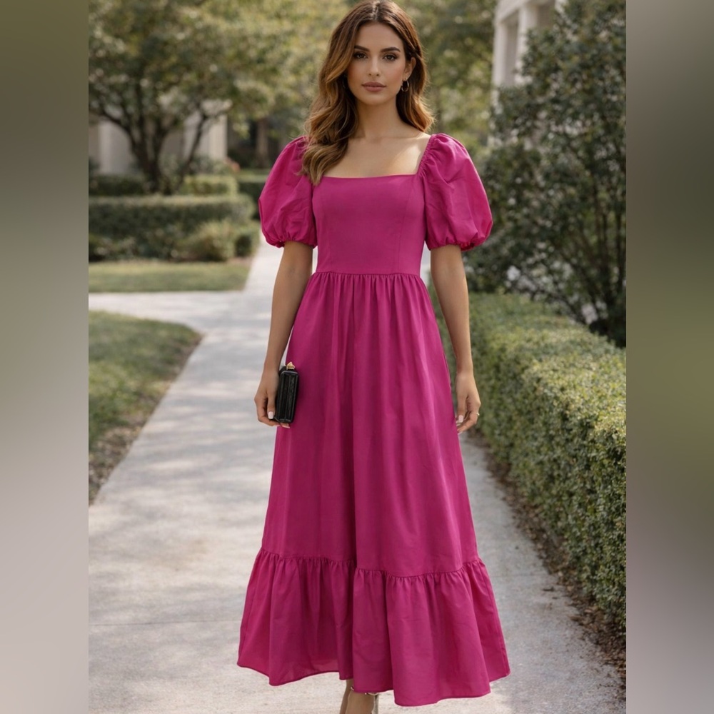 Express Hot Pink Maxi Dress Puff Sleeve, Cottagecore Square Neck, basque waist